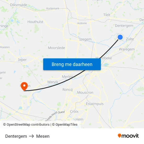 Dentergem to Mesen map
