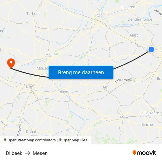 Dilbeek to Mesen map