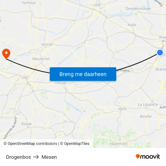 Drogenbos to Mesen map