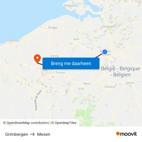 Grimbergen to Mesen map