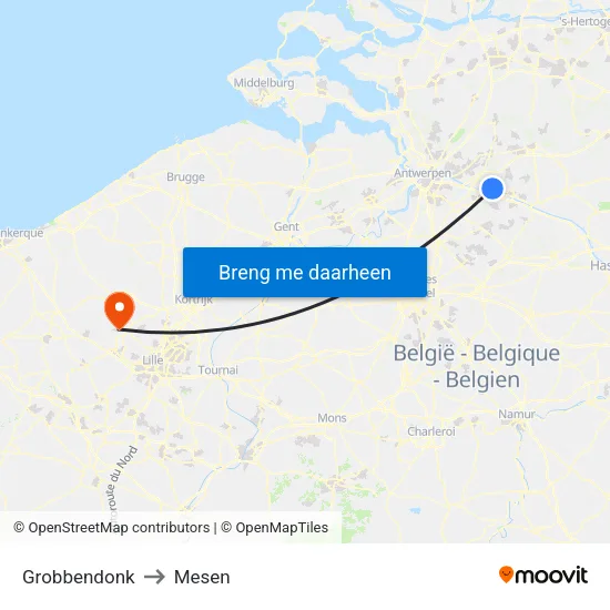 Grobbendonk to Mesen map
