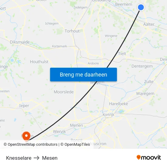 Knesselare to Mesen map