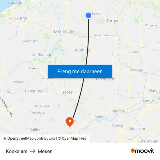 Koekelare to Mesen map