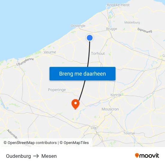 Oudenburg to Mesen map