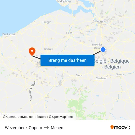 Wezembeek-Oppem to Mesen map