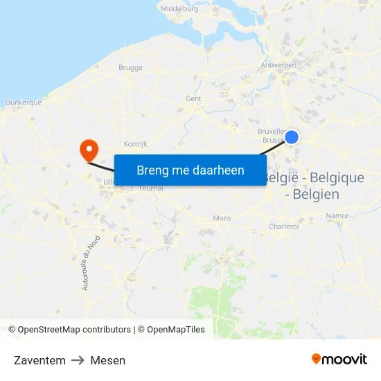 Zaventem to Mesen map