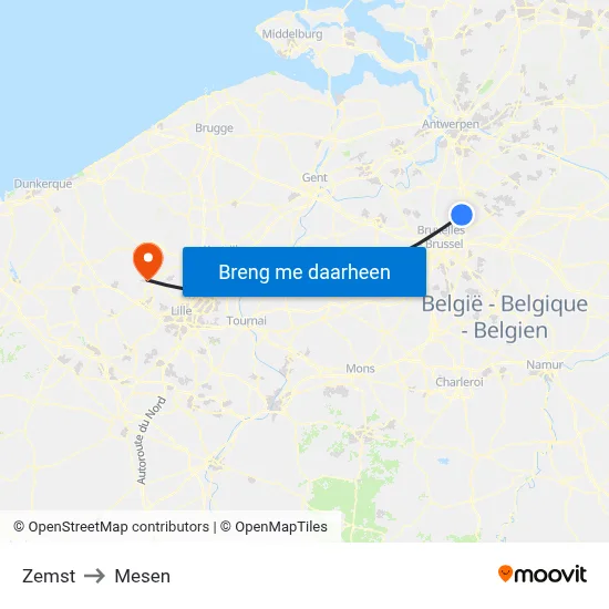 Zemst to Mesen map