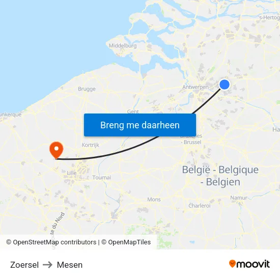 Zoersel to Mesen map