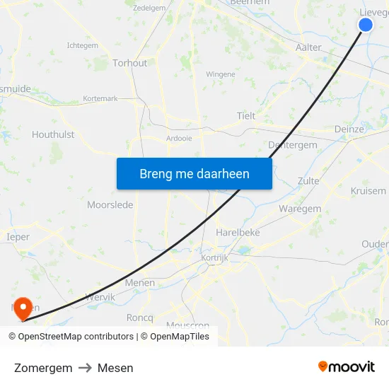 Zomergem to Mesen map