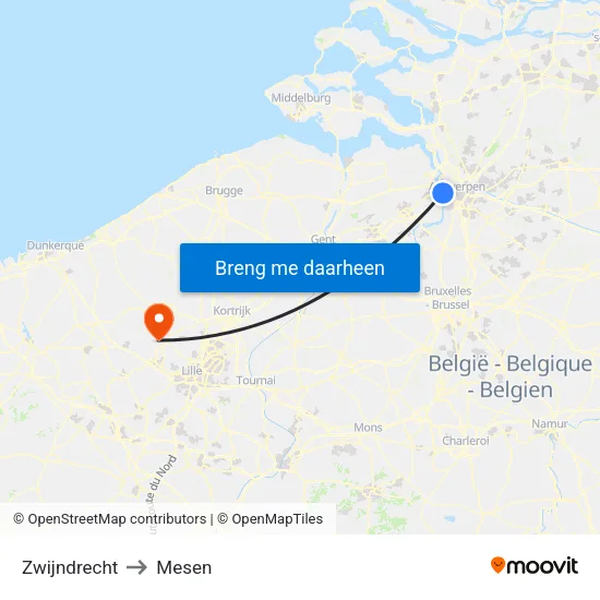 Zwijndrecht to Mesen map