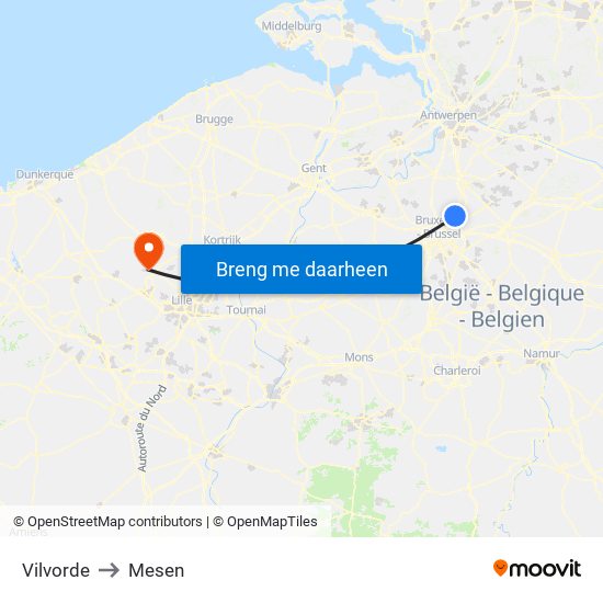 Vilvorde to Mesen map