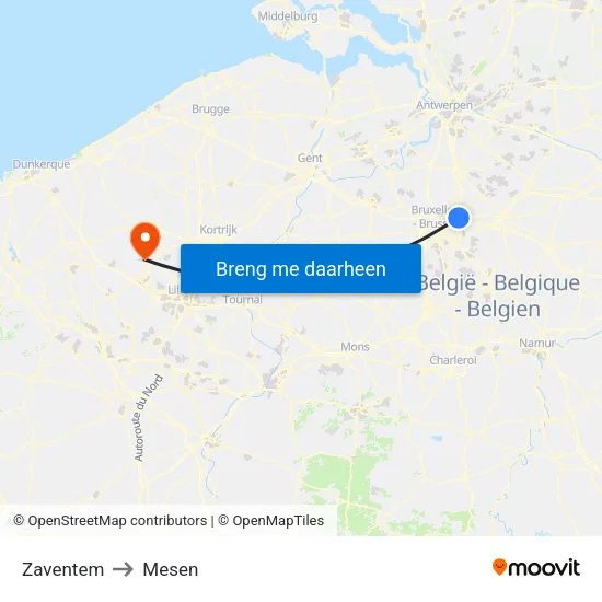 Zaventem to Mesen map