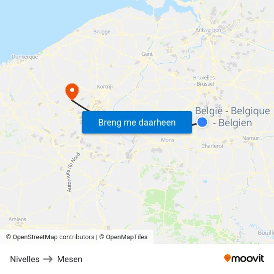 Nivelles to Mesen map