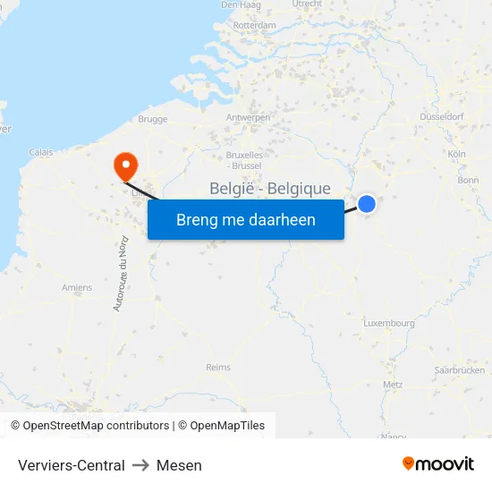 Verviers-Central to Mesen map