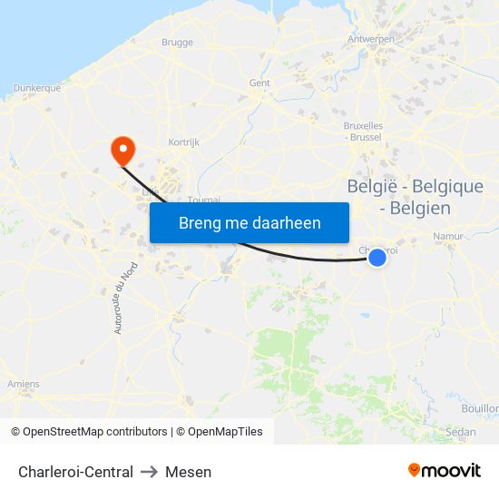 Charleroi-Central to Mesen map