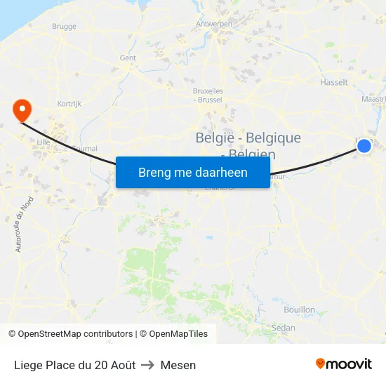Liege Place du 20 Août to Mesen map