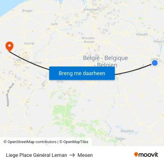 Liege Place Général Leman to Mesen map