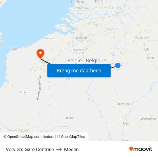 Verviers Gare Centrale to Mesen map