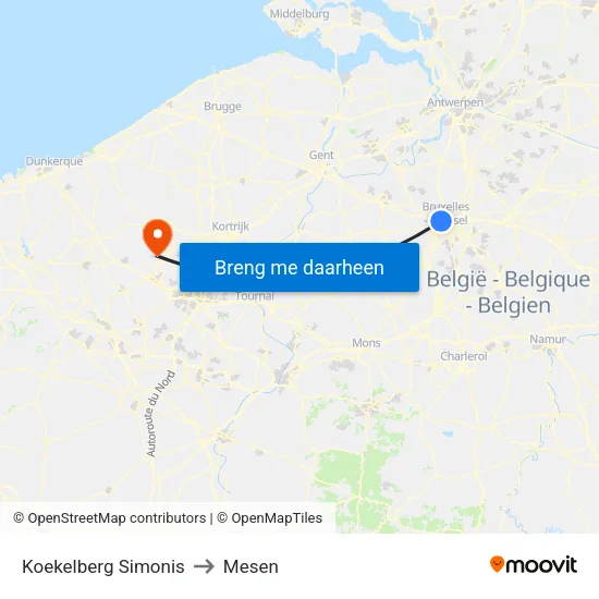 Koekelberg Simonis to Mesen map