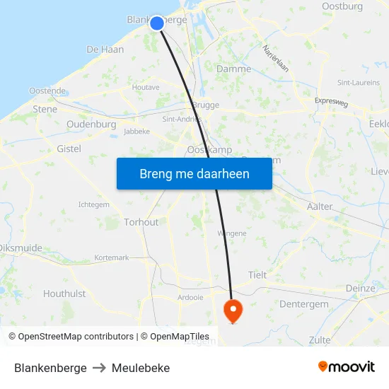 Blankenberge to Meulebeke map