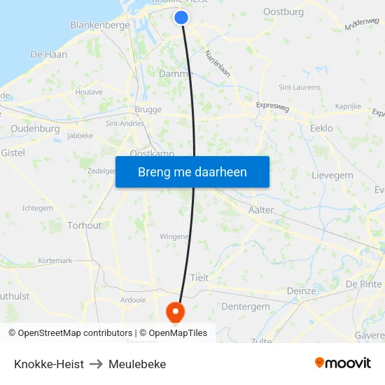 Knokke-Heist to Meulebeke map