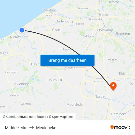 Middelkerke to Meulebeke map