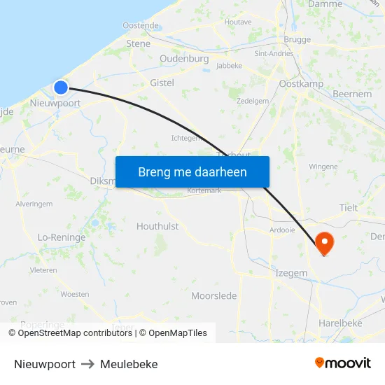 Nieuwpoort to Meulebeke map