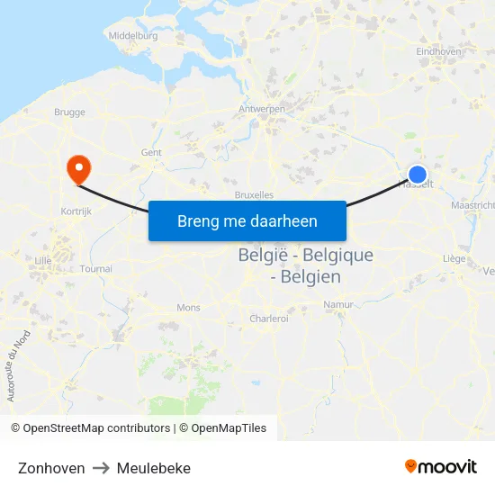 Zonhoven to Meulebeke map