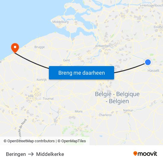 Beringen to Middelkerke map