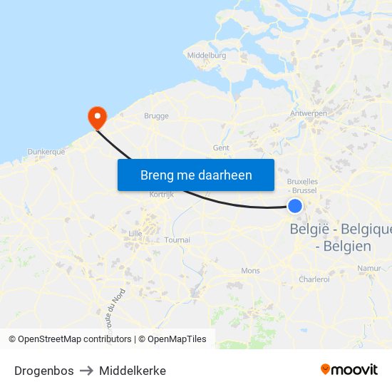Drogenbos to Middelkerke map