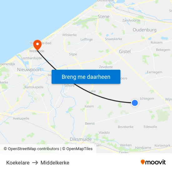 Koekelare to Middelkerke map