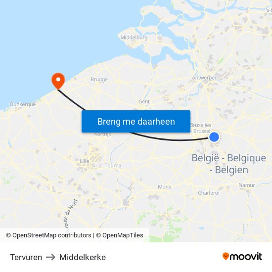 Tervuren to Middelkerke map