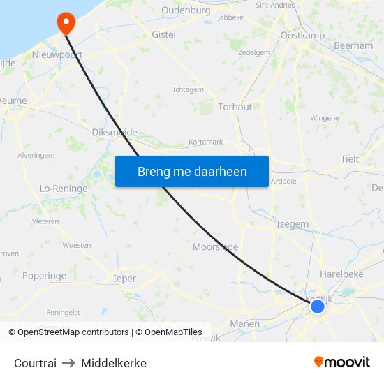 Courtrai to Middelkerke map