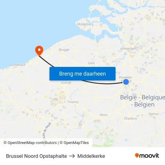 Brussel Noord Opstaphalte to Middelkerke map