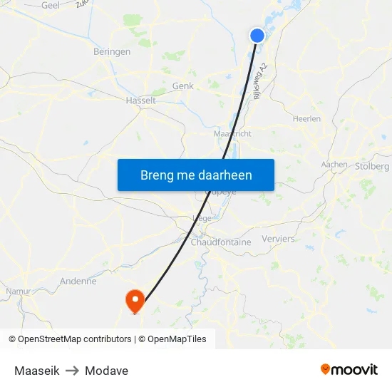 Maaseik to Modave map