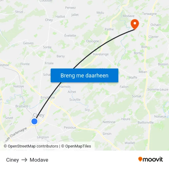 Ciney to Modave map