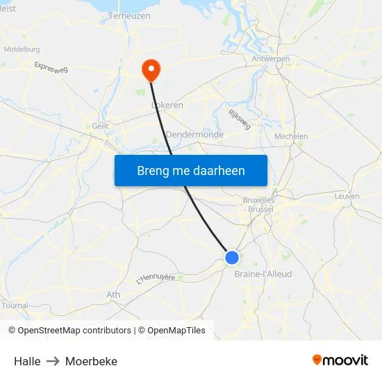 Halle to Moerbeke map