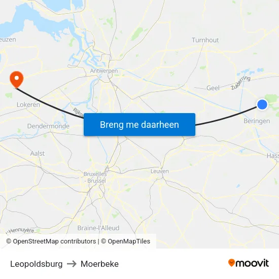 Leopoldsburg to Moerbeke map