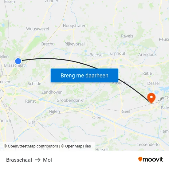Brasschaat to Mol map