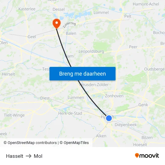 Hasselt to Mol map