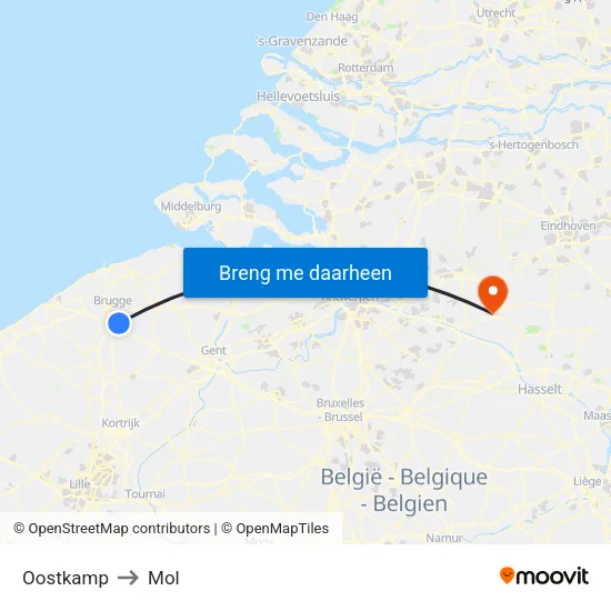 Oostkamp to Mol map