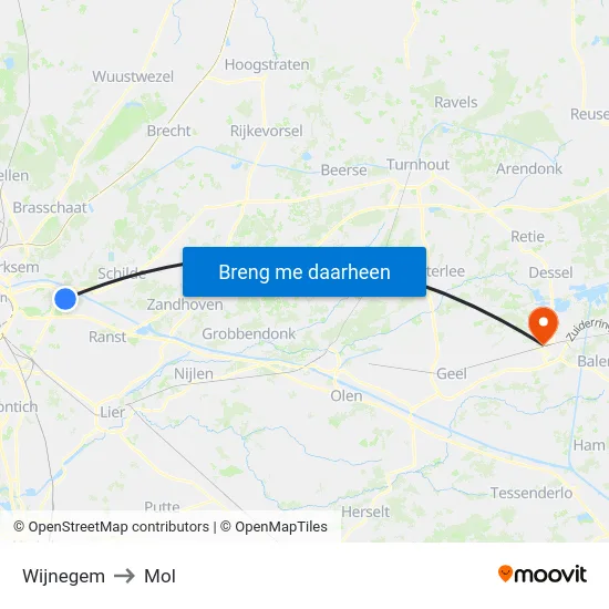 Wijnegem to Mol map