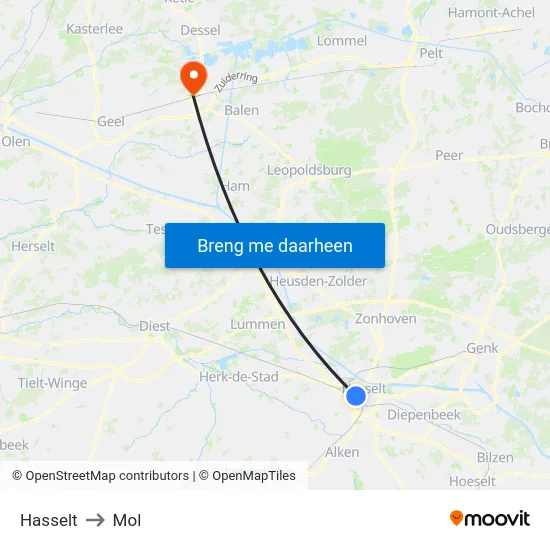 Hasselt to Mol map