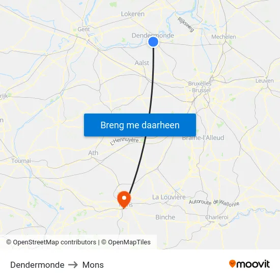 Dendermonde to Mons map