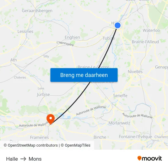 Halle to Mons map