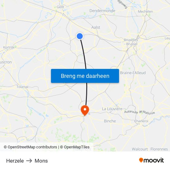 Herzele to Mons map