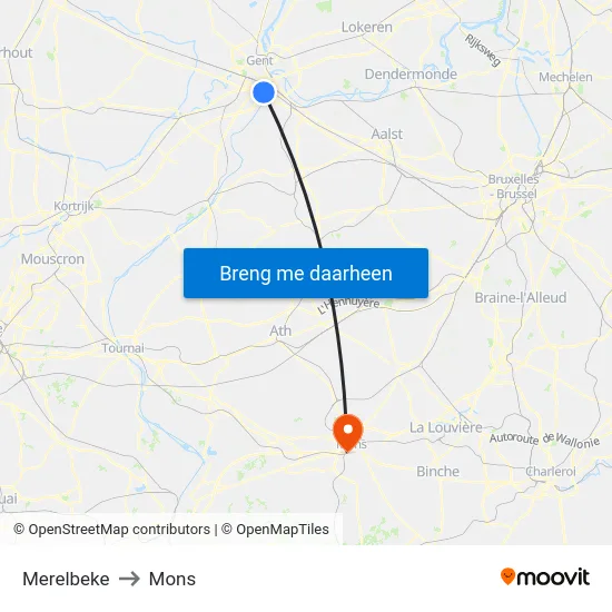 Merelbeke to Mons map