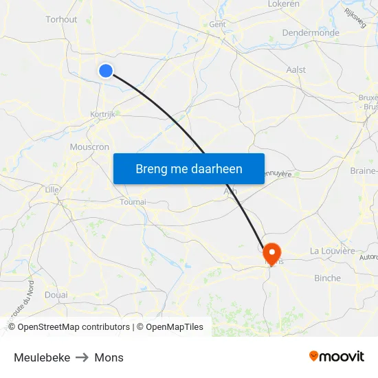 Meulebeke to Mons map