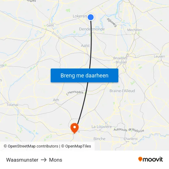 Waasmunster to Mons map