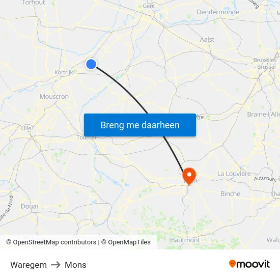 Waregem to Mons map